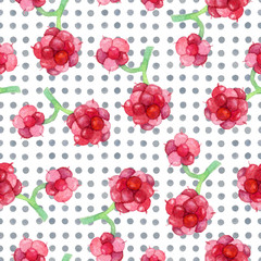 Raspberry seamless pattern, berries harvest watercolor wallpaper on the polka dot background