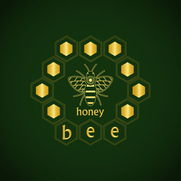 emblem bee design for packing corporate identity dark green background with gold honeycombs