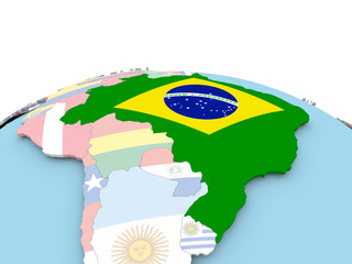 Flag of Brazil on bright globe