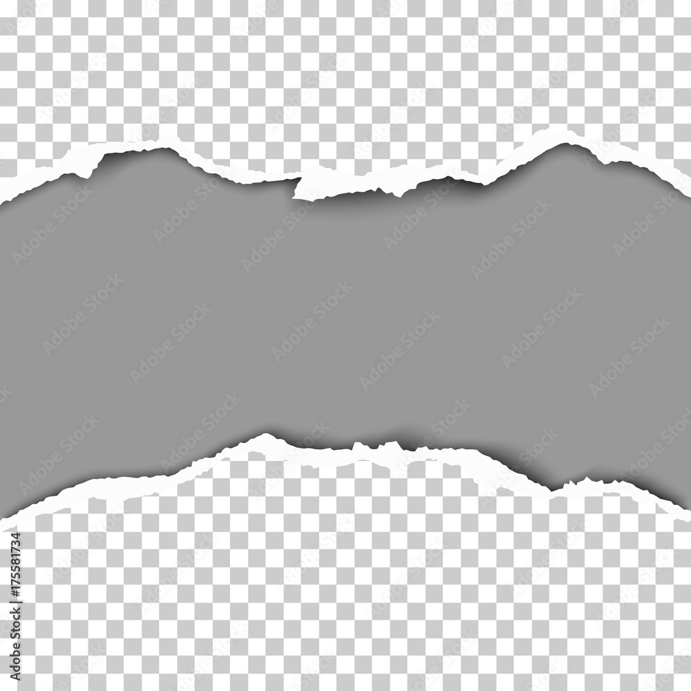 Sticker snatched middle of transparent paper with rough edges, soft shadow and dark gray background of resul