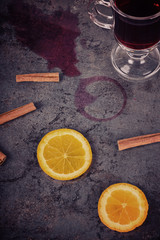 Spilled mulled wine and orange, retro toned