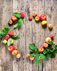 Ripe Red Green Apples Leaves Wooden Table