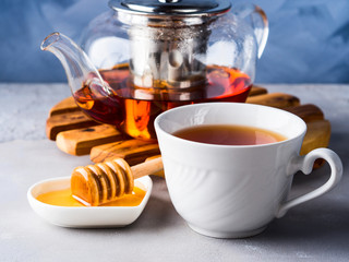 Cup of red tea rooibos and honey with glass teapot on blue