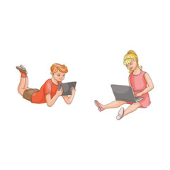 Kids using gadgets, laptop and tablet, sitting and lying on the floor, flat cartoon vector illustration isolated on white background. Portrait of teenage boy and girl using tablet and laptop computer
