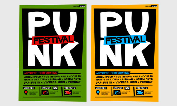 Punk Festival Poster (Flat Style Vector Illustration Music Design) Event Invitation with Venue and Time Details