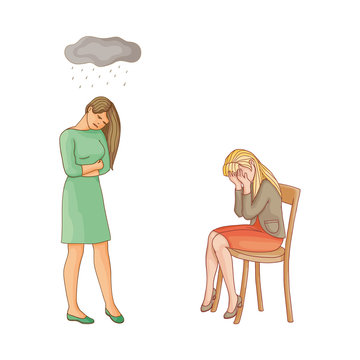 vector flat cartoon women suffering from depression. Unhappy female character with rainy clouds above her, girl crying at chair. Isolated illustration on a white background. Mental illness concept