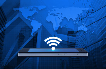wi-fi button flat icon on modern smart phone screen over world map and office city tower, Technology and internet concept, Elements of this image furnished by NASA