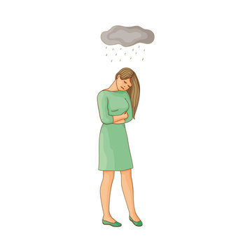 vector flat cartoon young woman suffering from depression. Unhappy female character with rainy clouds above her. Isolated illustration on a white background. Mental illness concept