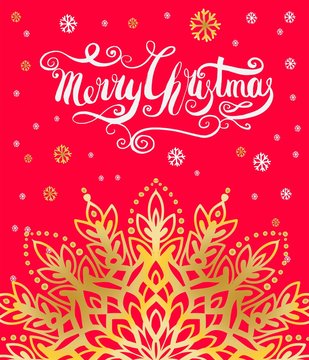 Red Christmas background with filigree beautiful ornate snowflake. Merry christmas handcrafted lettering
