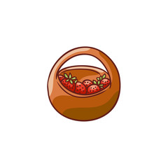 vector flat cartoon stylized Wicker basket with red ripe juicy strawberries. Isolated illustration on a white background. Gardening, harvest objects design.