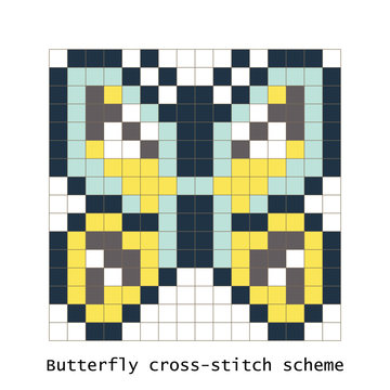 Cross-stitch pixel art butterfly vector set. Cross-stitch brick style zoo for kid building kit toys or embroidery scheme products.