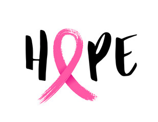 Hope lettering design with Pink ribbon, Brush style for poster, banner and t-shirt. Breast cancer awareness concept. Illustration isolated on white background.
