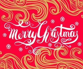 Red Christmas background with gold, filigree beautiful ornate pattern,snowflakes and doodle elements. Merry christmas handcrafted lettering