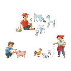 vector flat teen children at countryside scenes set. boy shepherd farmer sitting at meadow grazing goats on pasture, girl, boy feeding chickens and pig. Isolated illustration on a white background.
