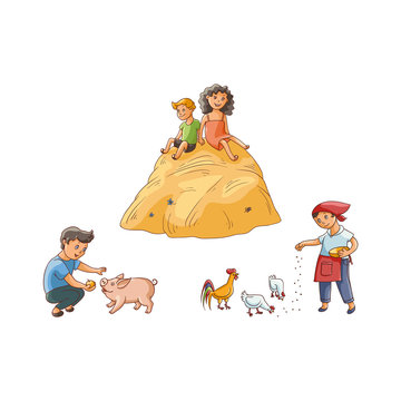 vector flat teen children at countryside scenes set. Boy feeding pig, girl feeding chickens and rooster, kids sitting at big haystack. Isolated illustration on a white background.