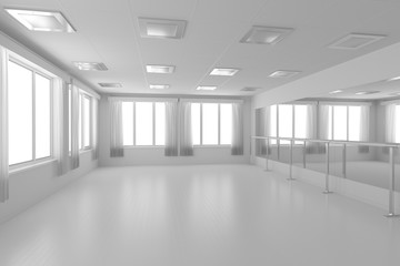 White empty training dance-hall with flat walls, white floor and window, 3D illustration
