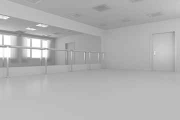 White empty training dance-hall with flat walls, white floor and window, 3D illustration