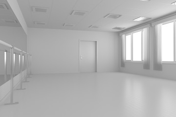 White empty training dance-hall with flat walls, white floor and window, 3D illustration