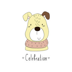 Celebration card. Hand Drawn Cute cartoon dog. vector illustration.
