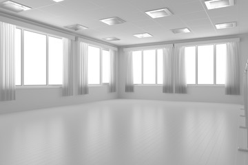 White empty training dance-hall with flat walls, white floor and window, 3D illustration