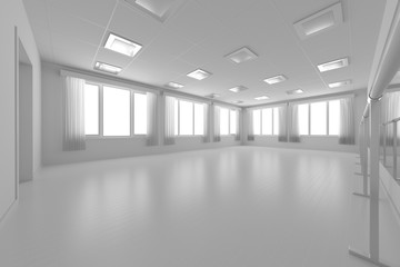 White empty training dance-hall with flat walls, white floor and window, 3D illustration