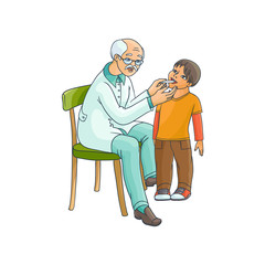 vector flat cartoon male grey-haired doctor examining teen boy kid temperature by mouth thermometer. Man pediatrician in medical clothing and child. Isolated illustration on a white background