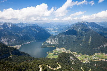 Panoramic aerial view of Hallstatt lake and Alp mountain from high viewpoint