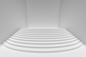 White round stairs in empty white room wide angle, light from top