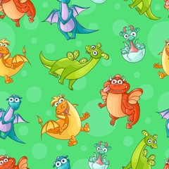Obraz na płótnie Canvas Seamless pattern, backdrop design with funny hand drawn cartoon dragon characters, vector illustration on colorful background. Funny comic, cartoon style dragon characters, seamless pattern