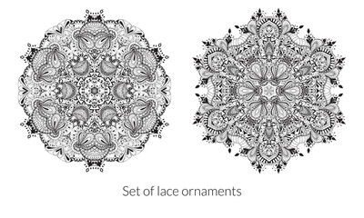 Set of lace ornaments for your design on a white background. Vector round patterns with many details. Black and white collection.