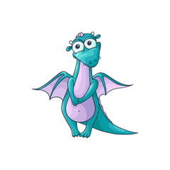 vector flat cartoon funny shy female blue dragon with red horns and wings sitting. Isolated illustration on a white background. Fairy mysterious cute creature character for design