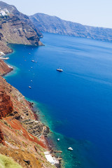 Panoramic view of the Santorini caldera cliffs from the Oia village on Santorini island, Greece