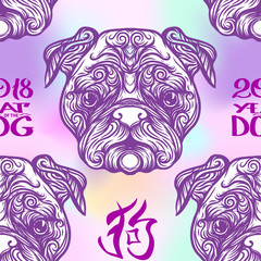 Seamless pattern with black and white graphic drawing of a dog head.