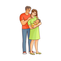 vector flat cartoon adult couple and infant baby. Isolated illustration on a white background. Flat family characters. Adult smiling man, cute woman in green dress and newborn baby
