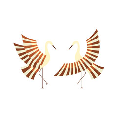 vector flat cartoon style japanese symbols concept. Stylized Japan traditional bird - cranes flapping wings icon image set. Isolated illustration on a white background.