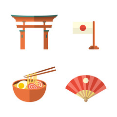 Set of Japanese culture symbols - torii gate, fan, egg noodle and flag, flat vector illustration isolated on white background. Set of flat Japanese culture icons - flag, noodle, fan and torii gate