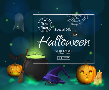 Vector Halloween sale poster with frame and cartoon cute scene with pumpkins,, ghost, witch's hat, broom, cauldron. Holiday background for design flyers and banners with discounts offers.