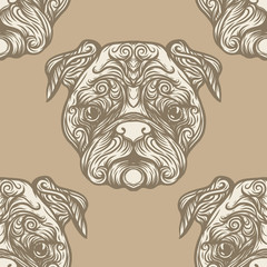 Seamless pattern with black and white graphic drawing of a dog head.