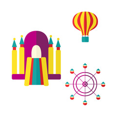 Fototapeta na wymiar Hot air balloon, bouncy castle and Ferris wheel in amusement park, flat icon set, vector illustration isolated on white background. Flat balloon, inflatable bouncy castle and Ferris wheel icon set