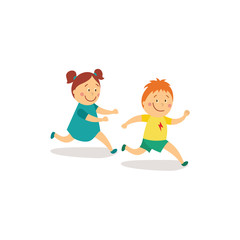 vector flat cartoon girl and boy kids having fun playing catch-up and tag running game smiling. Children activity in a yard concept. Isolated illustration on a white background.