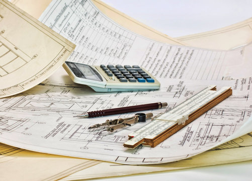 technical drawings and slide rule