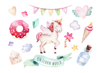 Isolated cute watercolor unicorn clipart. Nursery unicorns illustration. Princess rainbow unicorns poster. Trendy pink cartoon horse.