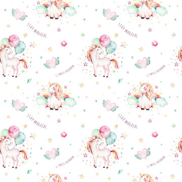 Isolated cute watercolor unicorn pattern. Nursery rainbow unicorns aquarelle. Princess unicornscollection. Trendy pink cartoon horse.