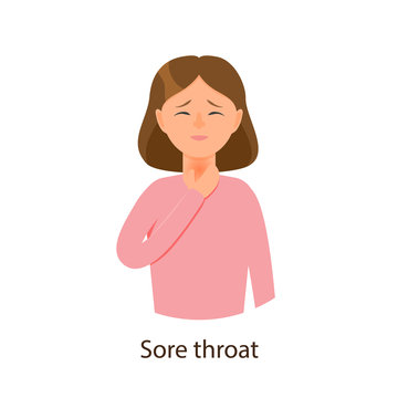 Vector young sick girl suffering from sore throat, holding on her neck. Flat isolated illustration on a white background. Illness and disease symptoms concept