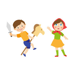 vector flat cartoon children at summer camp concept. Boy playing with wooden horse and toy sword, girl in ethnic clothing singing or acting in play. Isolated illustration on a white background.