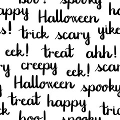 Halloween words black lettering seamless pattern white background