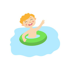 vector flat cartoon children at summer camp concept. Boy having fun playing in swimming pool in inflatable rubber ring. Isolated illustration on a white background.