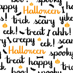 Halloween words lettering seamless pattern white background pumpkins