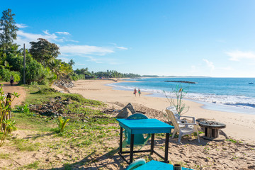 The Medaketiya beach with the powerful waves of the Indian ocean in the small town Tangalle. The coastal town has a majestic bay and the most beautiful beaches in the south and south-east