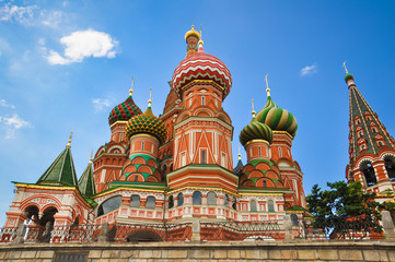 St. Basil's Cathedral - church on Red Square in Moscow, the oldest architectural monument. Multicolored colorful domes, a cathedral made of red bricks.